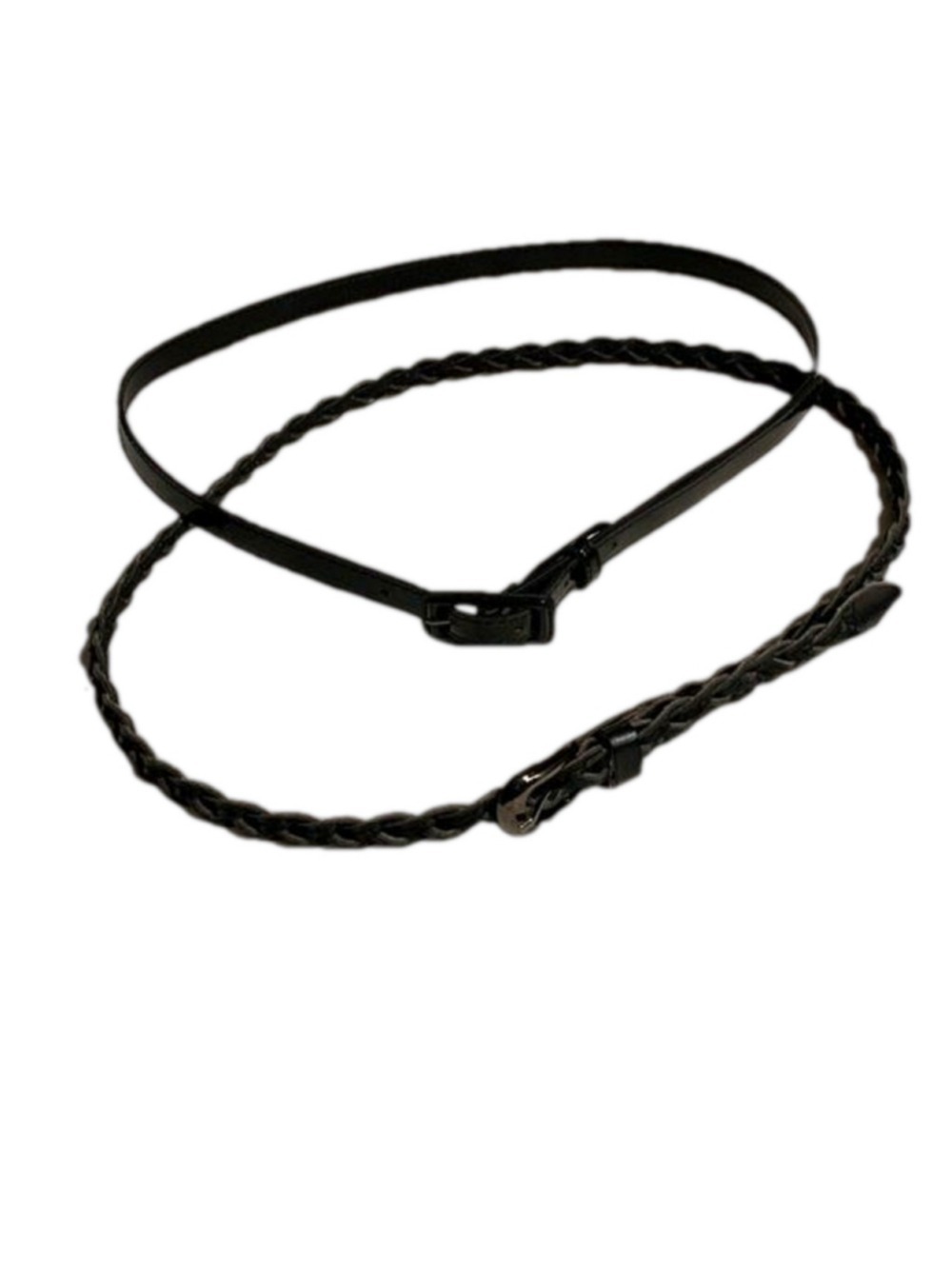 Two thin black leather look belts braided patent